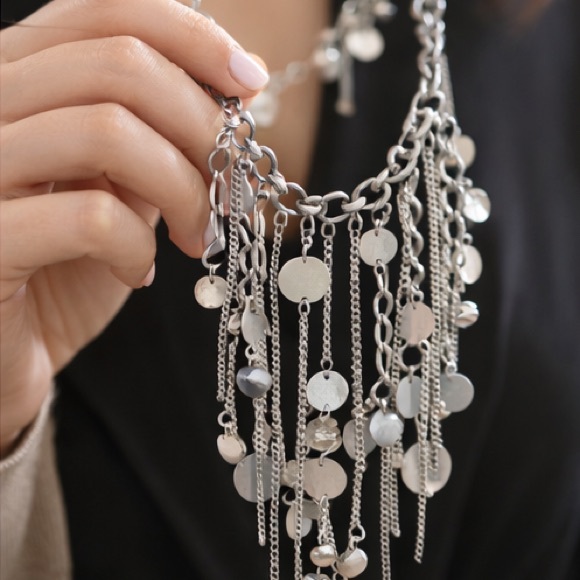 Silver Fringe Statement Necklace Layered Chain Bib Boho Festival - Picture 3 of 4